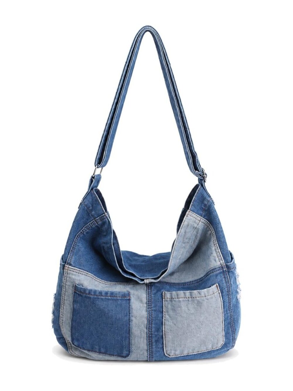 Women Denim Crossbody Bag Multi-Pockets Shoulder Purse Color Block Jean Slouchy